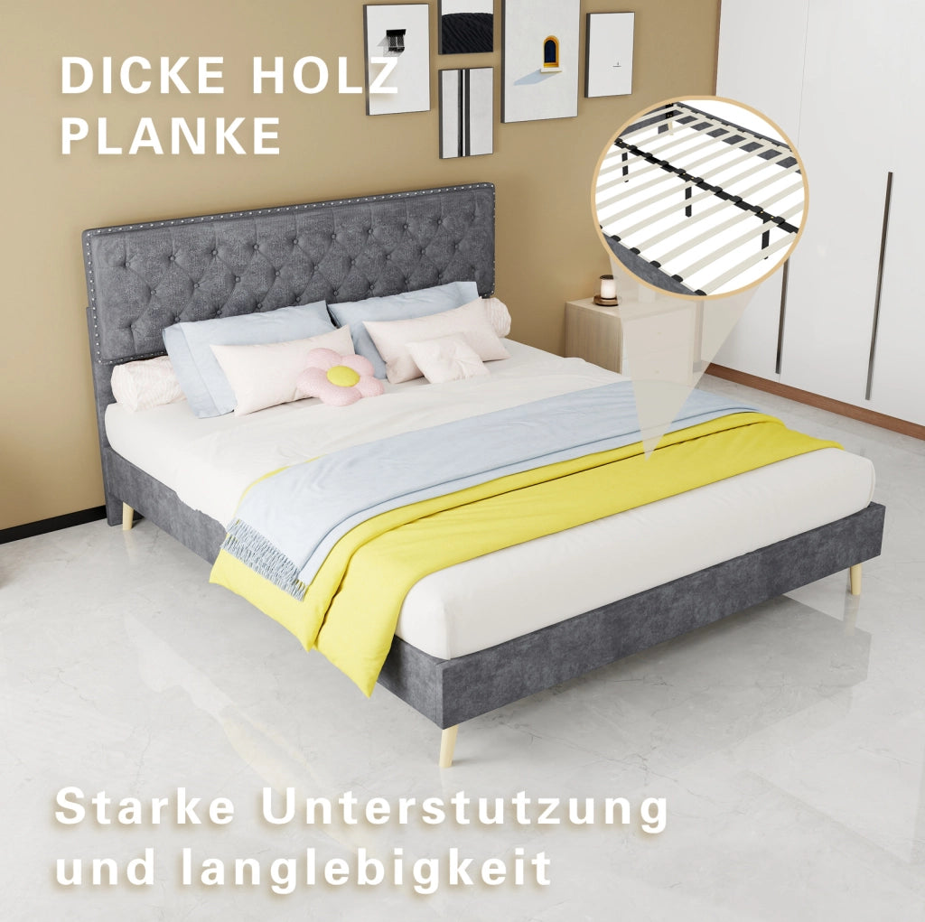 Letto imbottito 160x200 cm in velluto grigio con testiera alta e materasso incluso