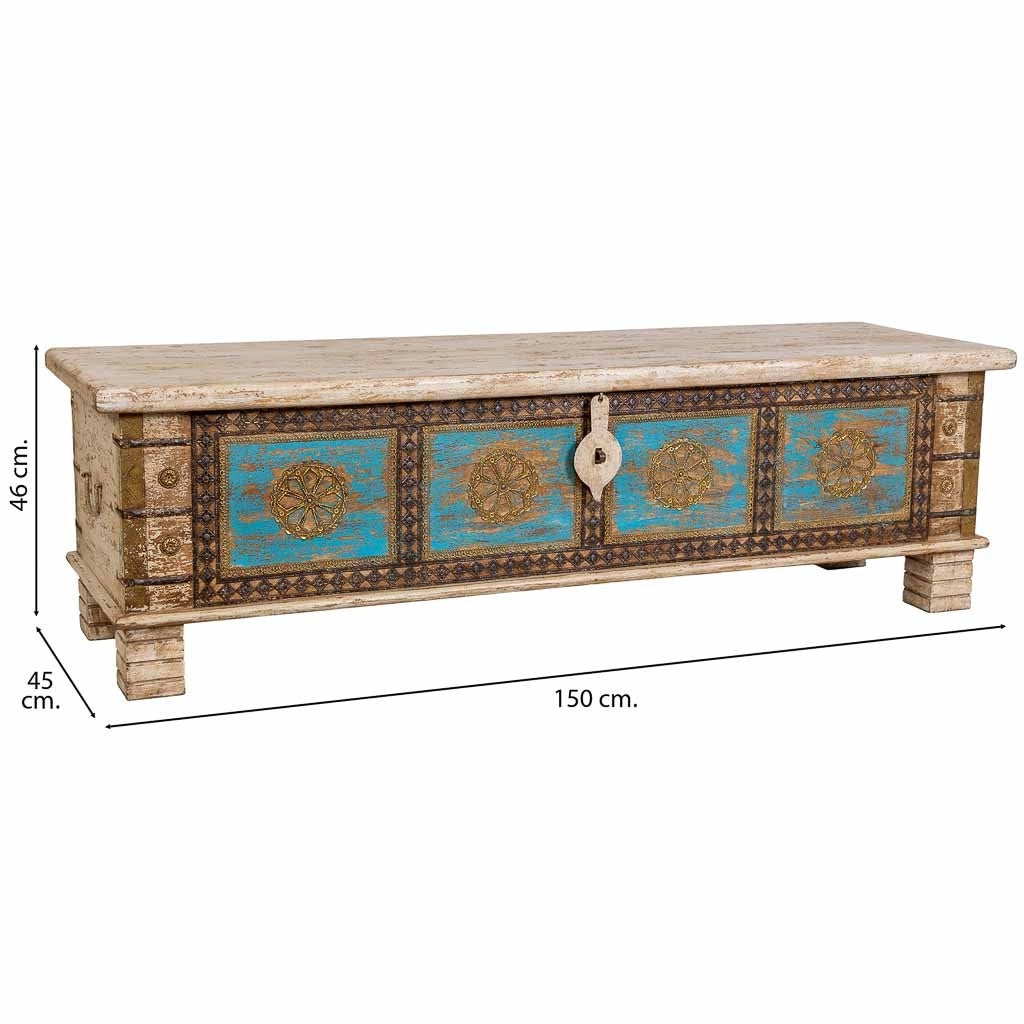 Baule in legno fatto a mano, bianco e blu, 150x45x46h cm