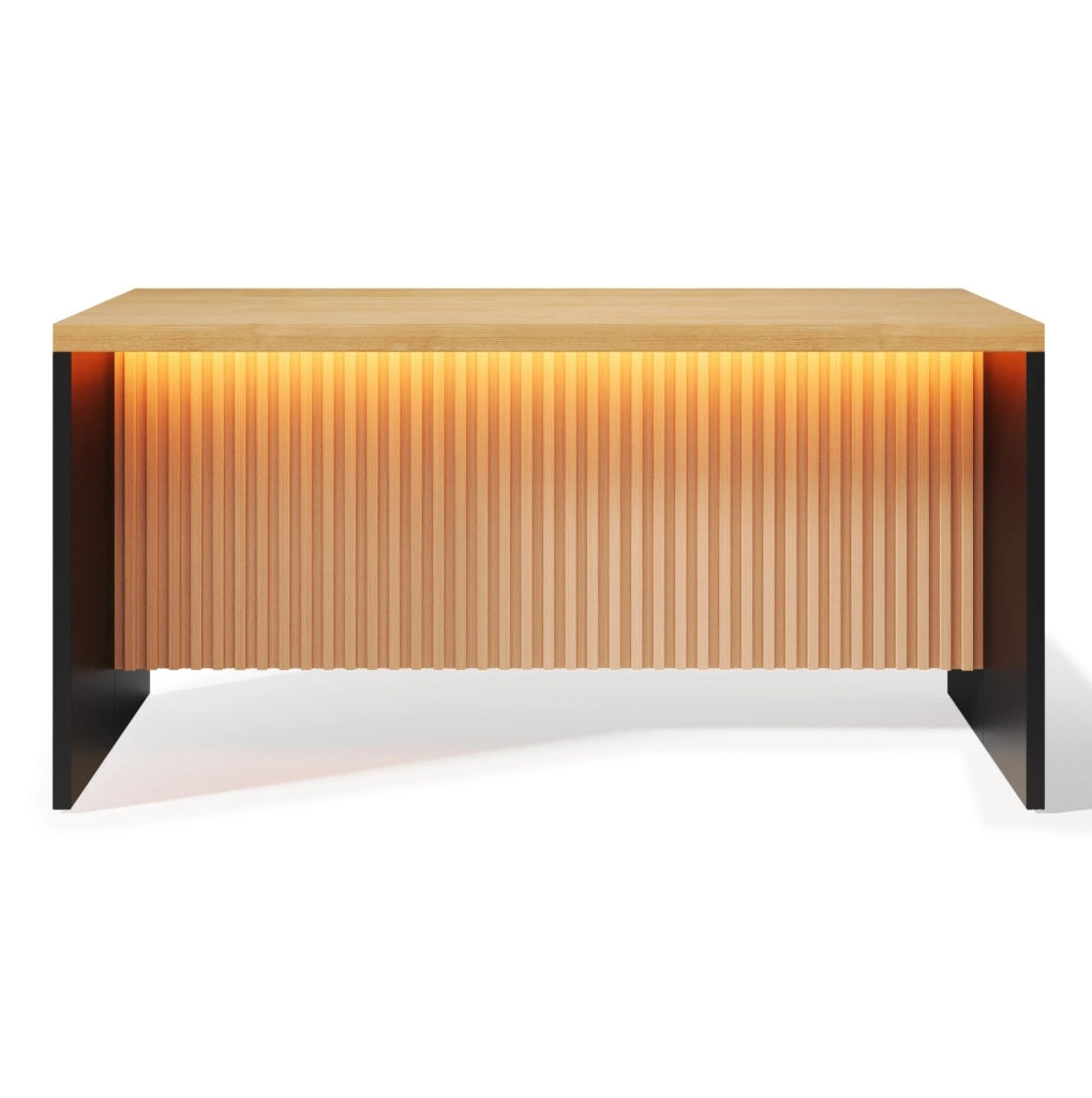Isola da cucina 155x80x90 cm in MDF; nero e naturale; LED; prese EU; USB