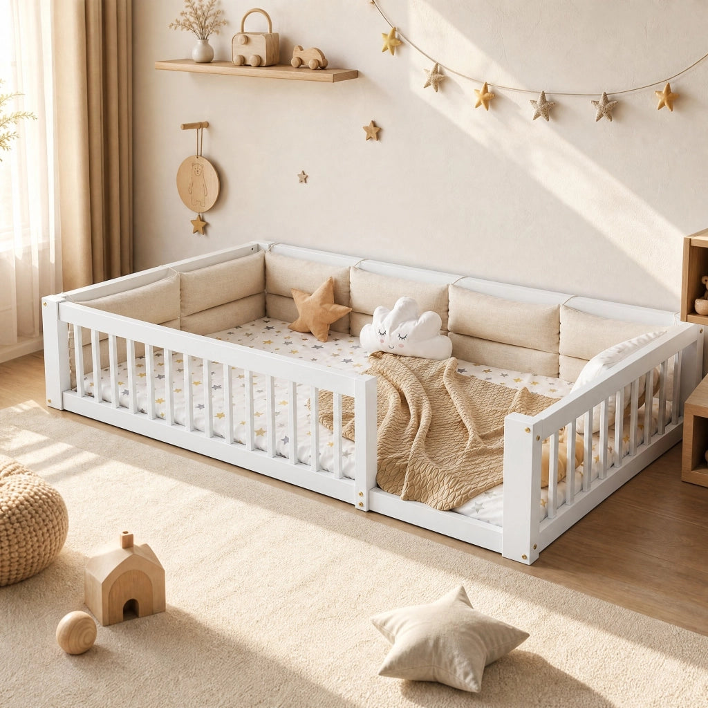 Letto piattaforma 90x200 cm con sponde laterali e cuscini; bianco