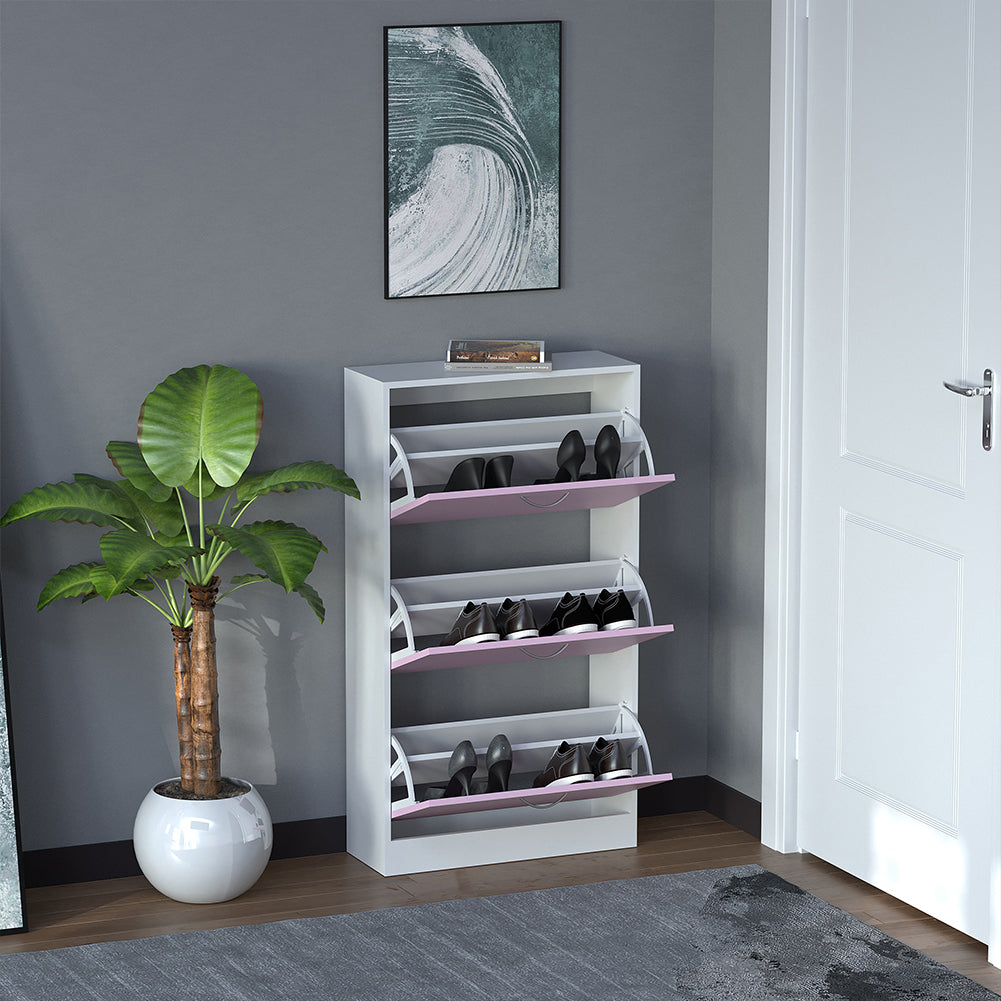 Scarpiera 3 Ante Ripiani Doppia Profondità con Maniglia Rosa e Bianco 63x24x115cm