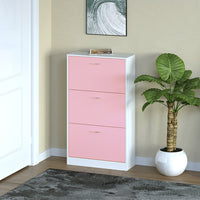 Scarpiera 3 Ante Ripiani Doppia Profondità con Maniglia Rosa e Bianco 63x24x115cm