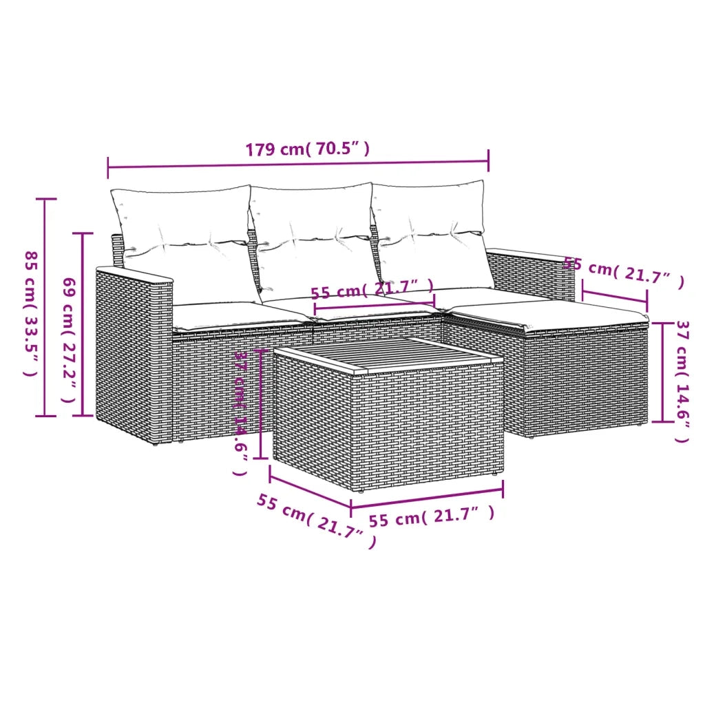 Set Divano da Giardino 5 pz con Cuscini Beige Misto Polyrattan