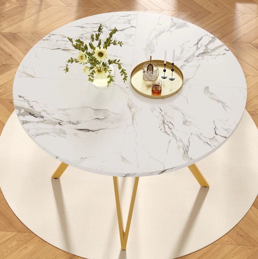 Tavolo da pranzo rotondo 100×100×76 cm con piano in MDF effetto marmo e gambe in metallo dorato