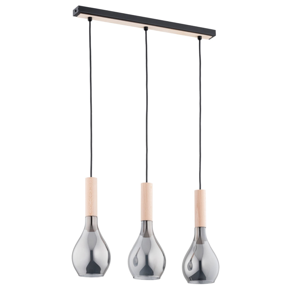Lampada sospesa legno/nero vetro fumè 3xE14 Alfa Katrin