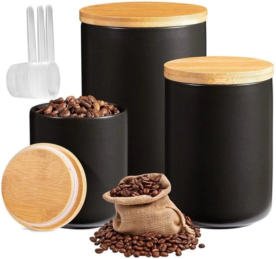 Set di contenitori in ceramica - 3 pezzi - A prova d'aria - Con coperchio in bambù - Capacità 260/800/1000 ml - Per caffè, zucchero, tè, muesli - Contenitori di archiviazione