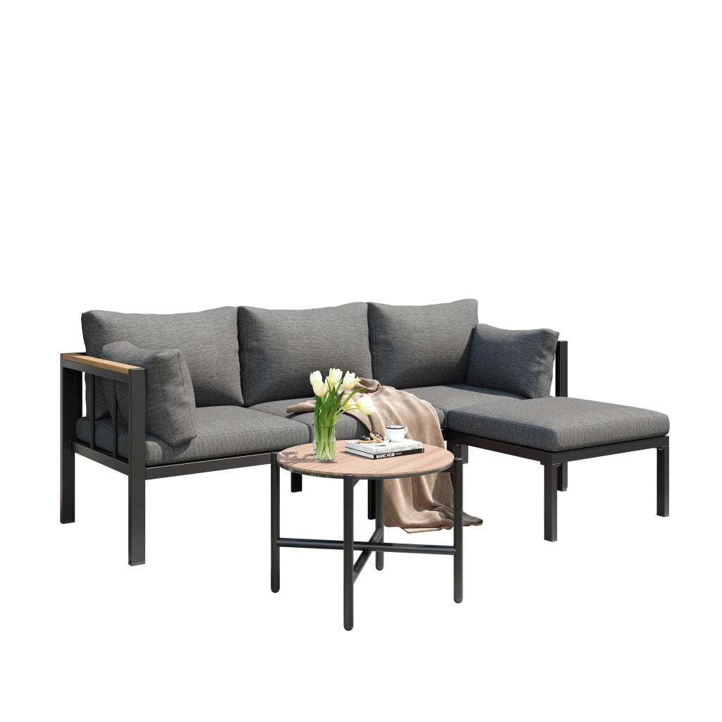 Set mobili giardino: Divanooo angolare + Divanooo + tavolino + poggiapiedi; acciaio zincato; vetro; grigio