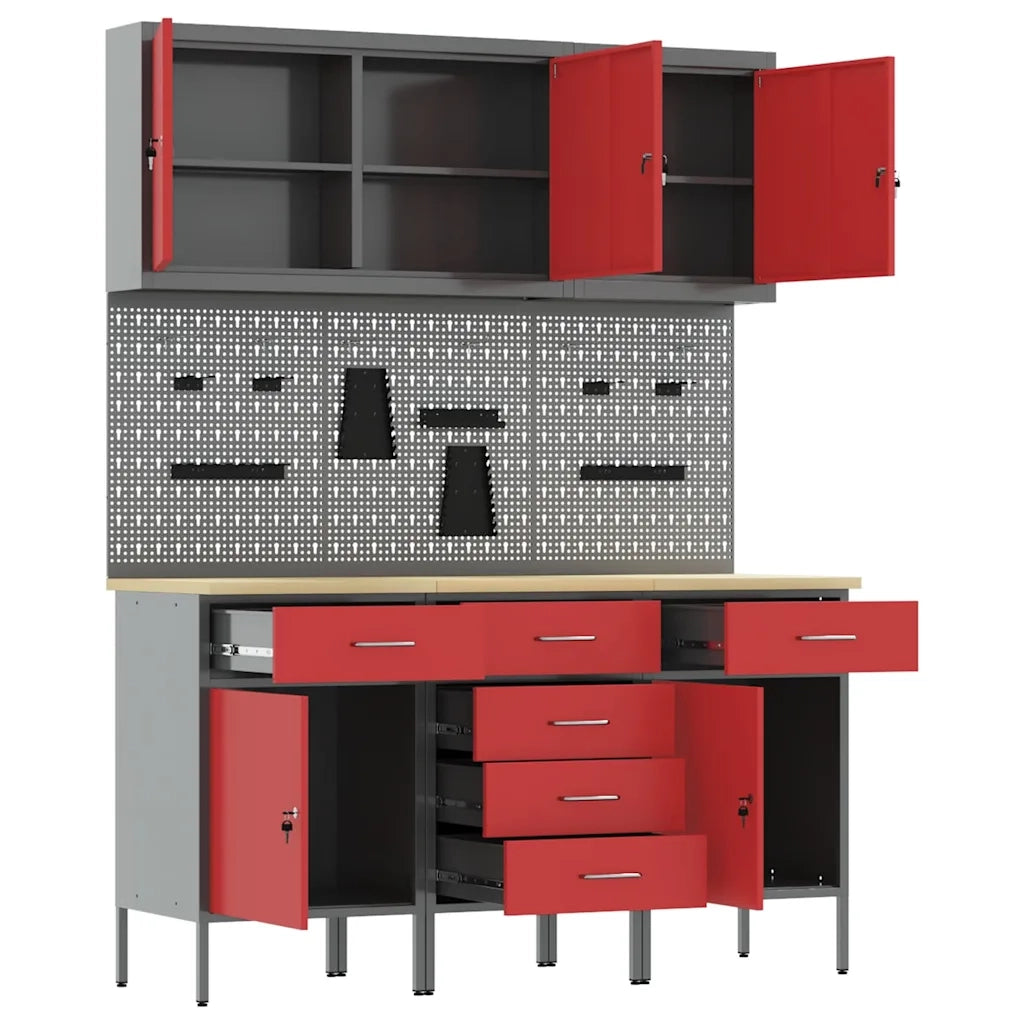 Mobile da lavoro 8 pcs Rosso Legno ingegnerizzato e acciaio 3321441