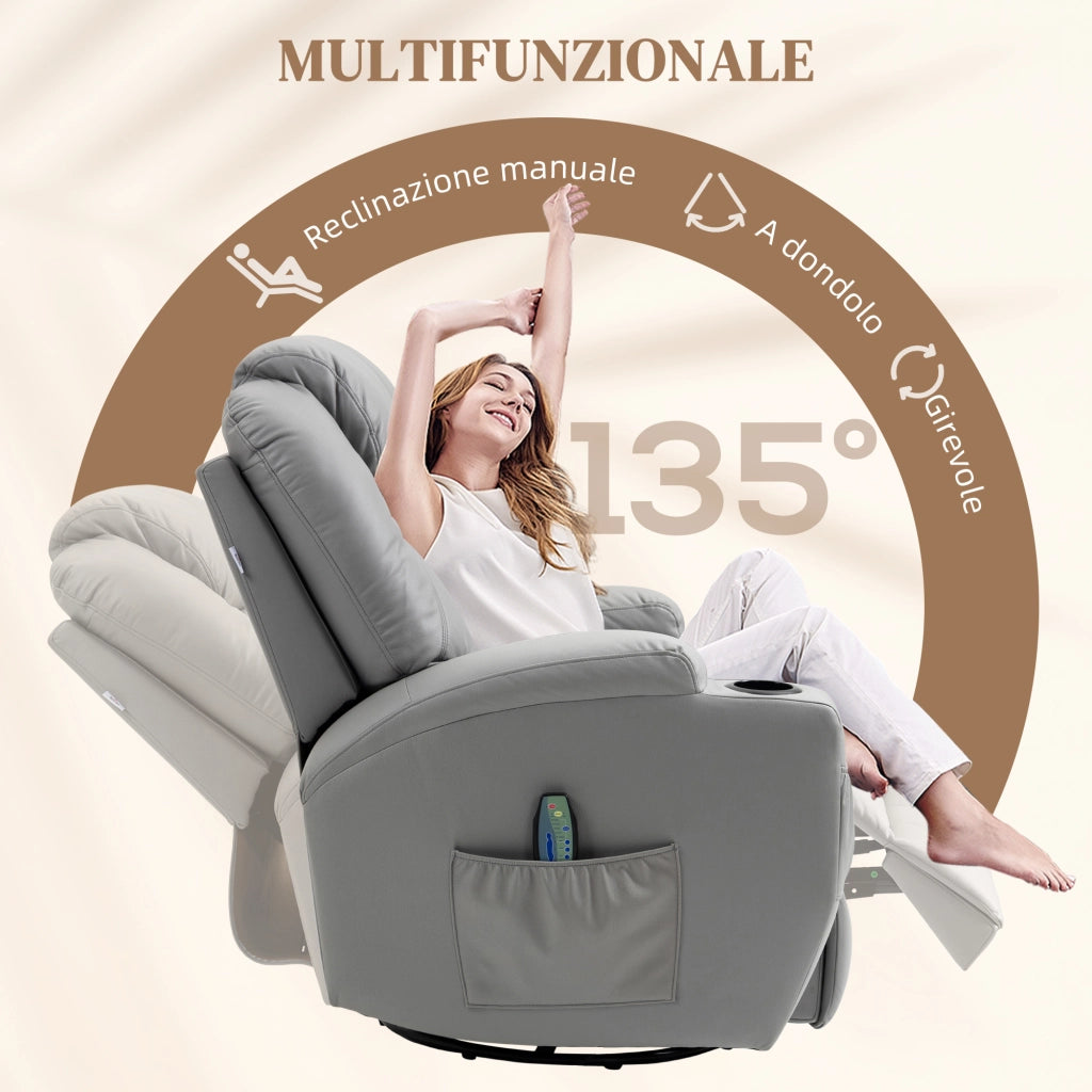 Poltrona Relax Massaggiante e Reclinabile 89x99x106 cm con Telecomando in Pelle PU Grigio