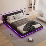 OKWISH Letto Basso 140×200 cm, Letto Matrimoniale con LED Multicolore Regolabile, senza Materasso, in PU e MDF, Nero