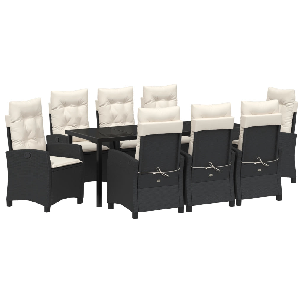Set da Pranzo da Giardino 9 Pezzi con Cuscini Nero Polyrattan