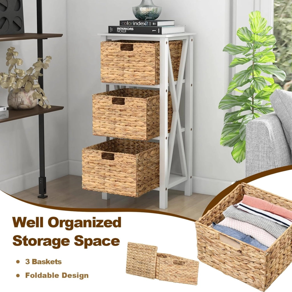 Comodino con cesto portaoggetti, tavolo da notte, stile fresco, tavolino da pranzo, design rinforzato a X (set di 2, 3 ripiani con 3 cestini, 36 x 30 x 80 cm)