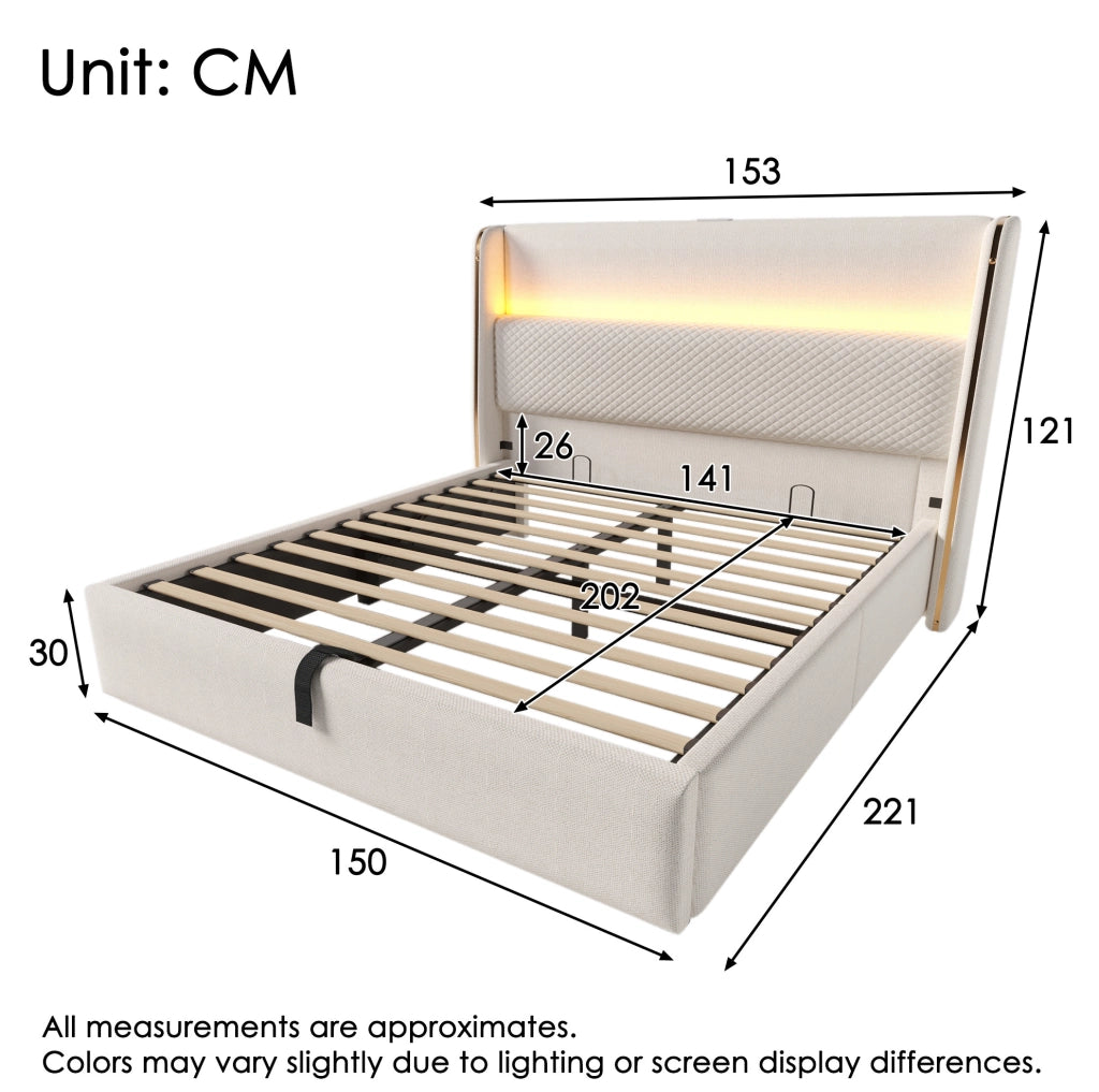 Letto matrimoniale contenitore idraulico per materasso 140x200 cm; LED; USB e Type-C; beige