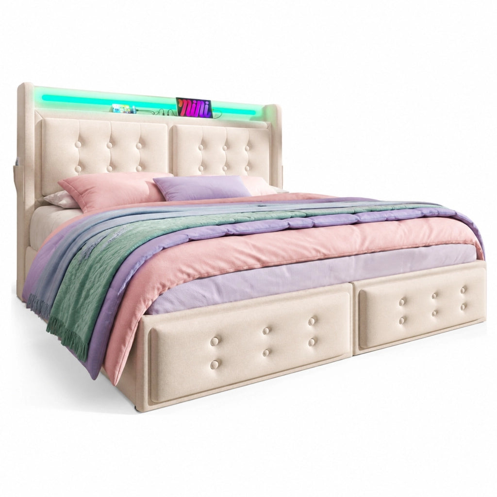 Letto imbottito 180x200 cm in cotone e lino; con LED; USB e 4 cassetti; beige