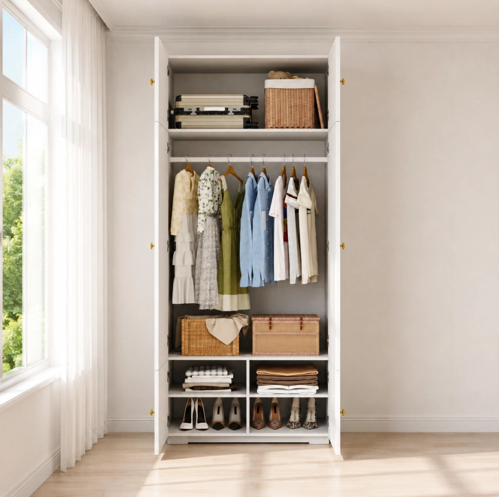 Armadio guardaroba 90x50x200 cm con appendiabiti e 5 vani portaoggetti; bianco