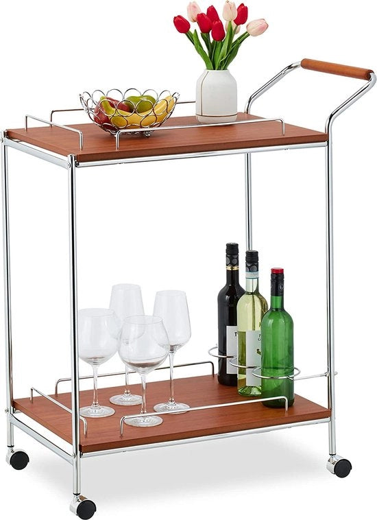 Carrello da servizio a due livelli in legno e acciaio 90x77x40 cm