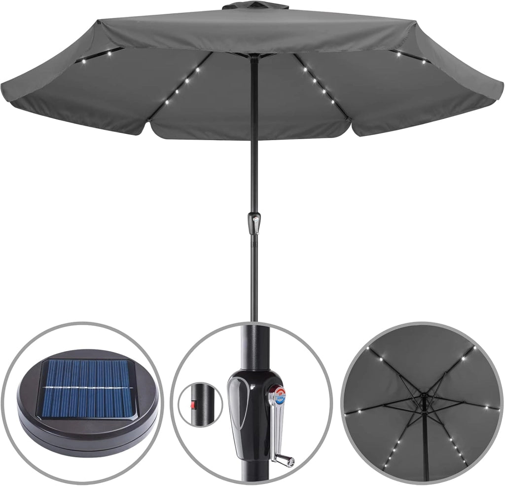Ombrellone da Giardino 24 luci LED Ø330cm Manovella Ombrelloni Terrazza Parasole Protezione UV 80+ Antracite