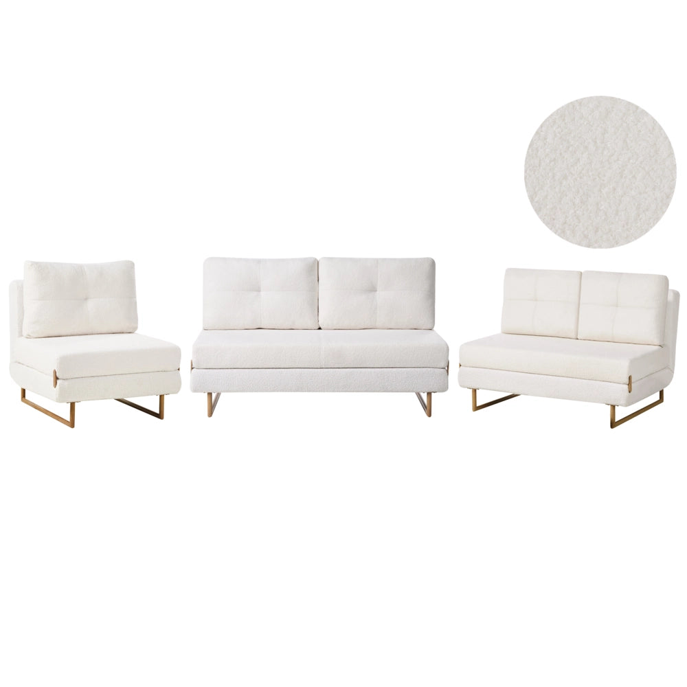 Set da salotto Off White Boucle 3 posti a sedere 2 posti a sedere 1 posto a sedere per 6 persone Funzione letto pieghevole