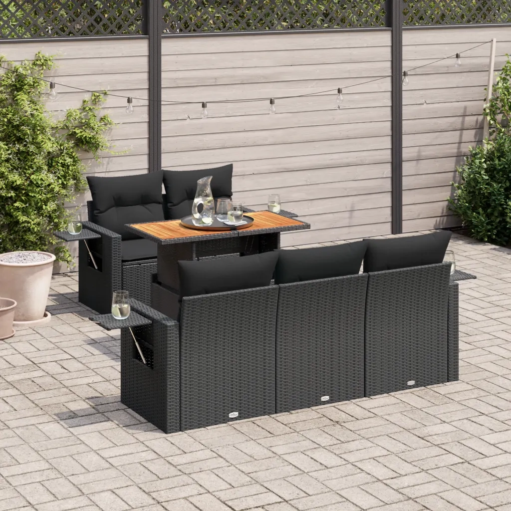 Set Divano da Giardino 6 pz con Cuscini Nero in Polyrattan 3327100