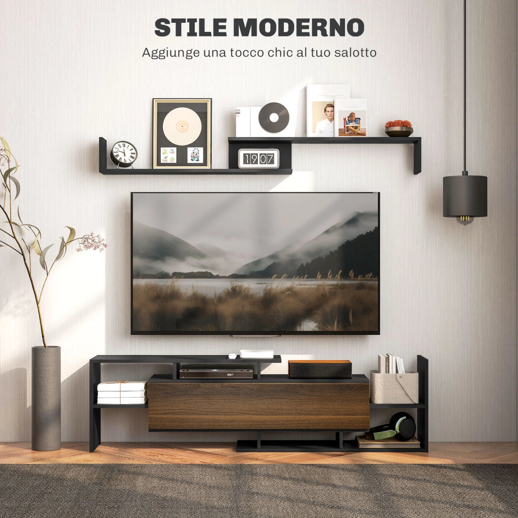 Mobile TV con Mensola a Muro, Ripiani Aperti e Armadietto in Legno, Nero e Marrone