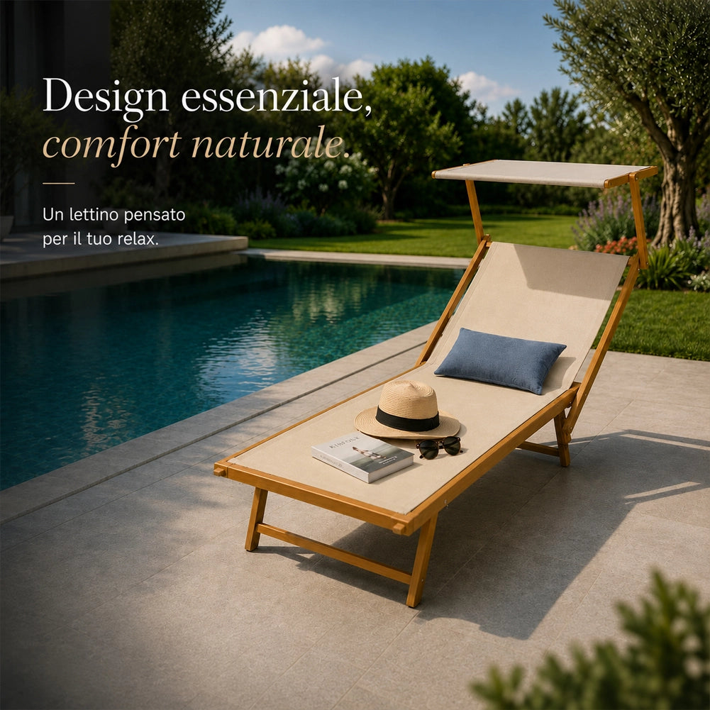 Lettino Prendisole 189x58x36 cm con Struttura in Alluminio Effetto Legno e Tessuto Beige