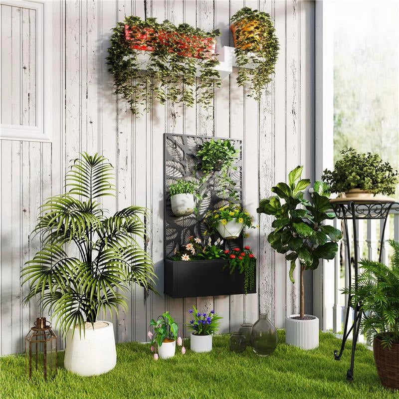 FIORIERA RIALZATA CON TRALICCIO DECORATIVO PER RAMPICANTI DA TERRA E PARETE 61X23X113 CM NERO