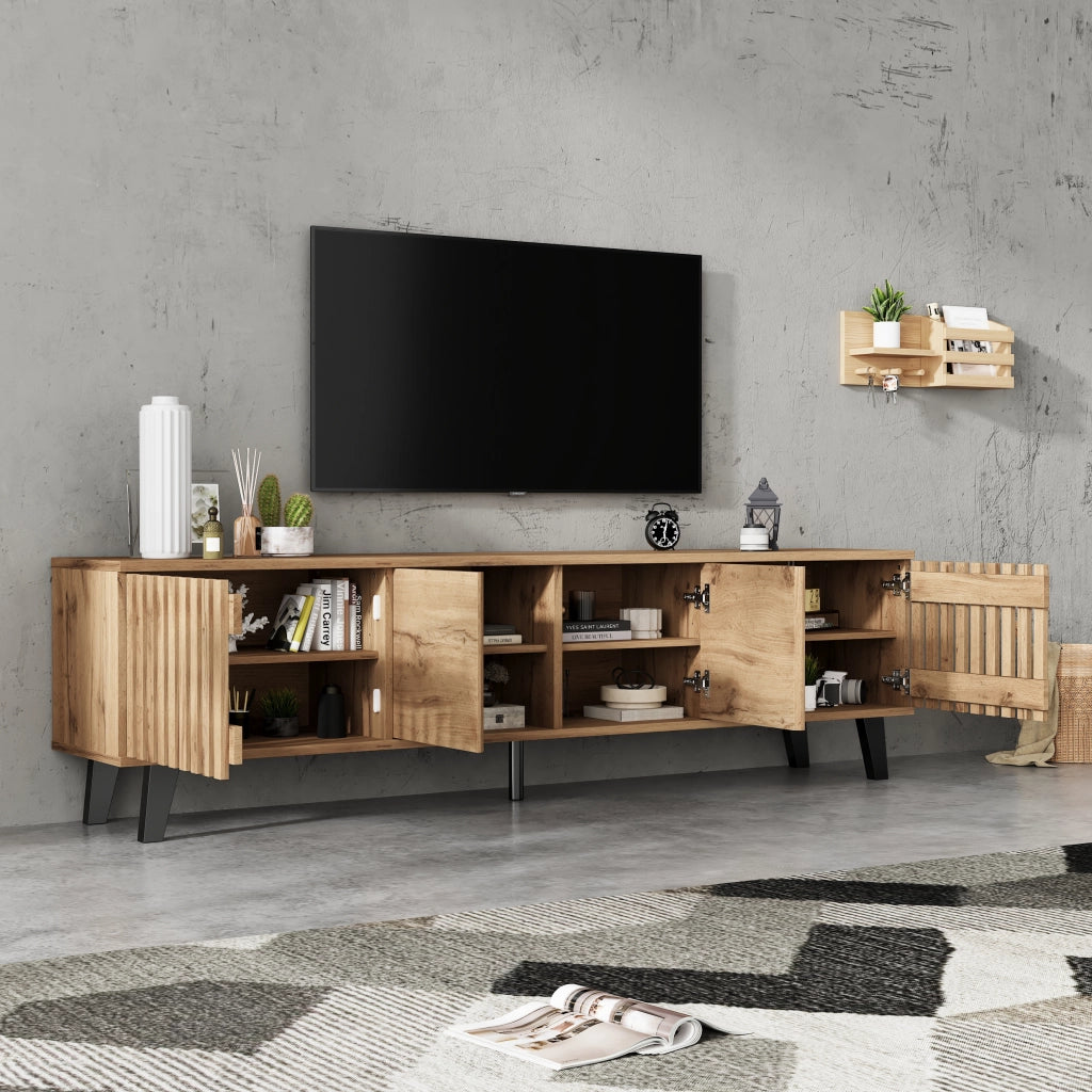 Set mobile TV e credenza in legno naturale; 180 e 150 cm; con vani e ante