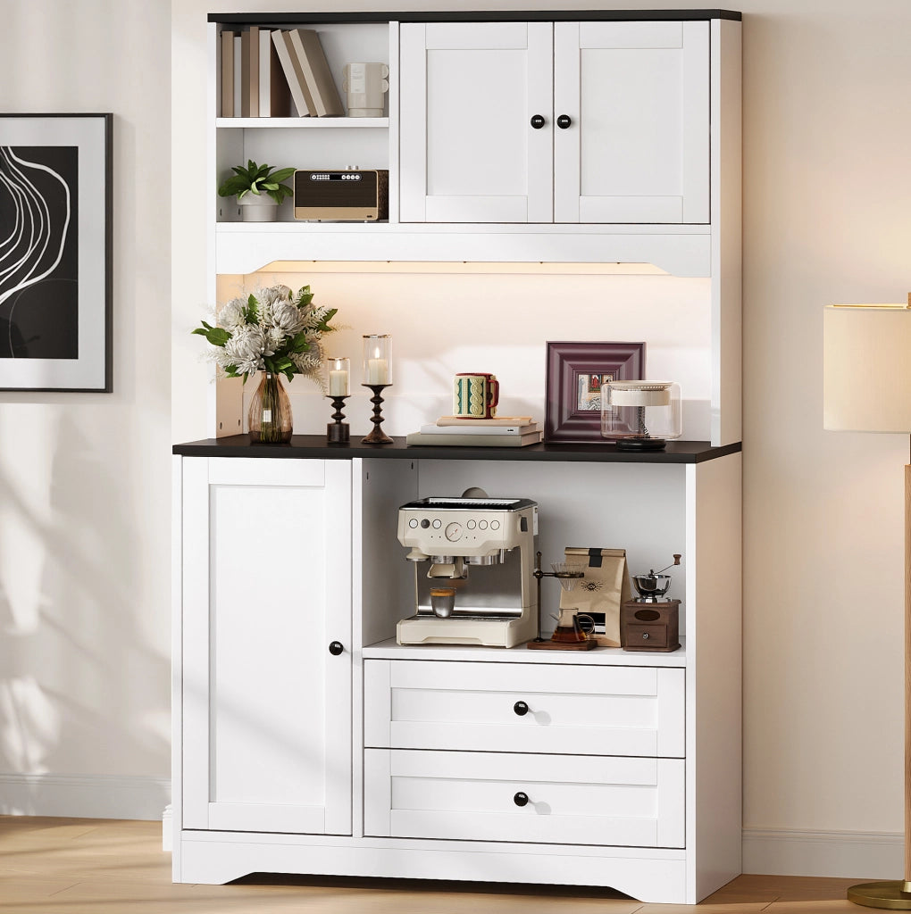 Mobile cucina multifunzione bianco con LED, prese USB e vano microonde