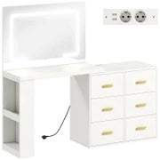 Toeletta da Camera con Specchio e Luci LED Regolabili, 6 Cassetti, 2 Ripiani e Prese Elettriche, Bianco