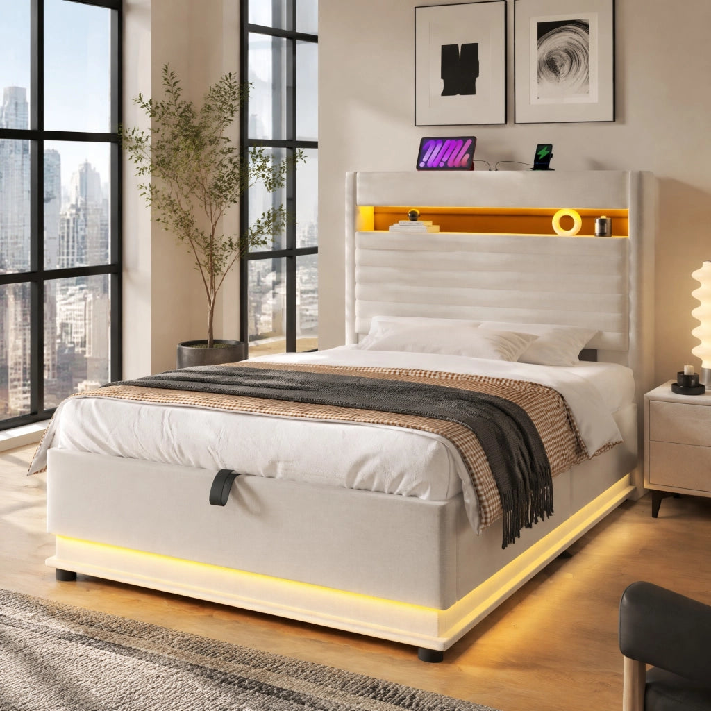 Letto imbottito 90x200 cm con contenitore idraulico; LED e porte USB/Type-C; beige
