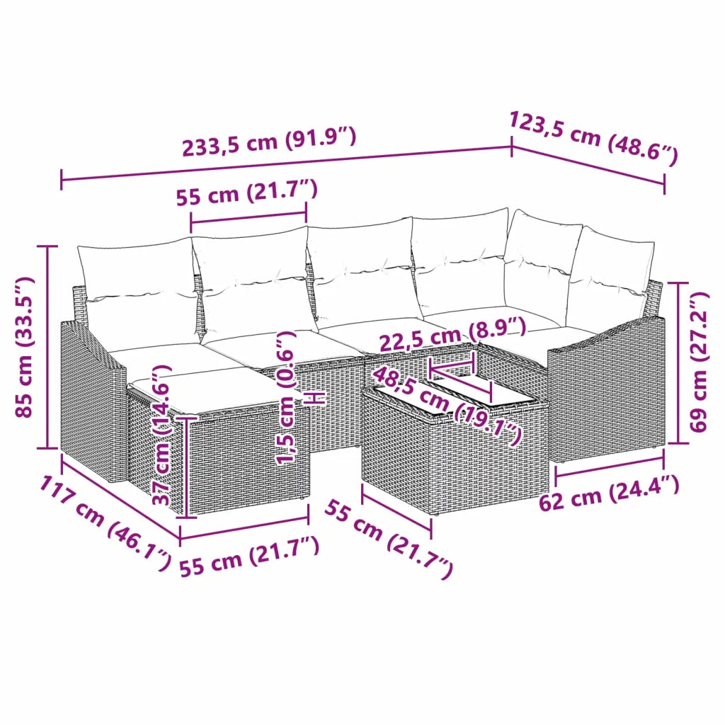 Set di divani con cuscino 7 pcs Nero polyrattan