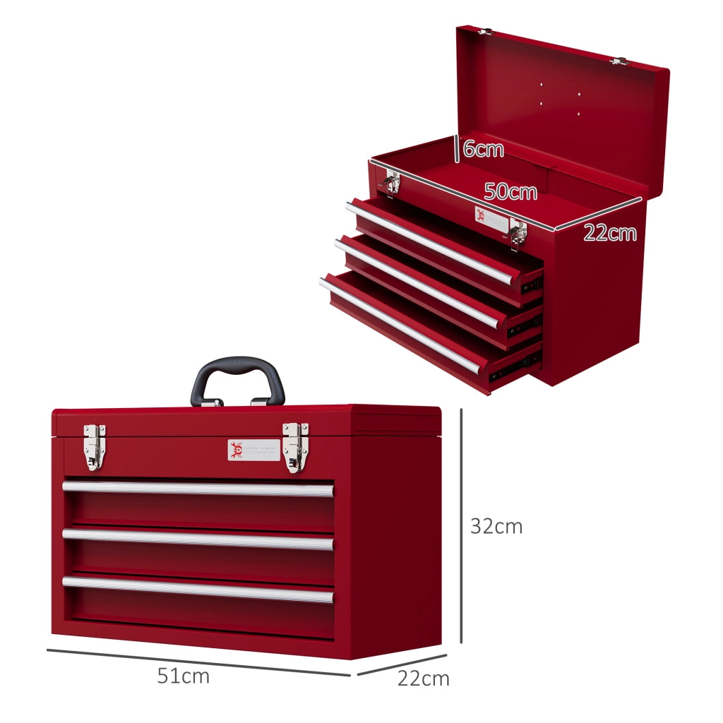 Cassetta Portautensili Vuota 51x22x32 cm Rossa in Acciaio con 3 Cassetti, Vano Superiore e Serratura