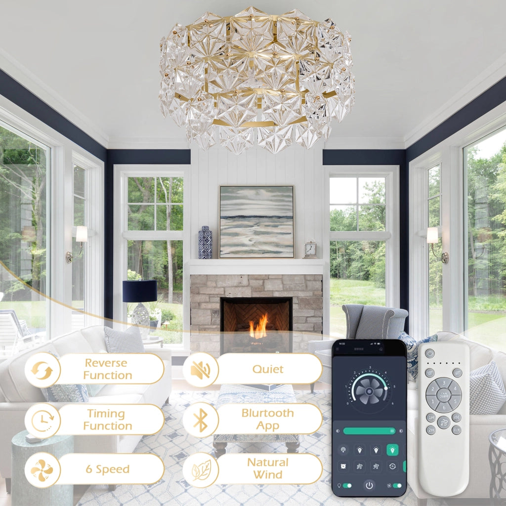 Ventilatore da soffitto 19 pollici con lampadario cristallo, stile lusso oro, motivo rombi, pale ABS, compatibile app, 6 velocit¨¤ reversibili