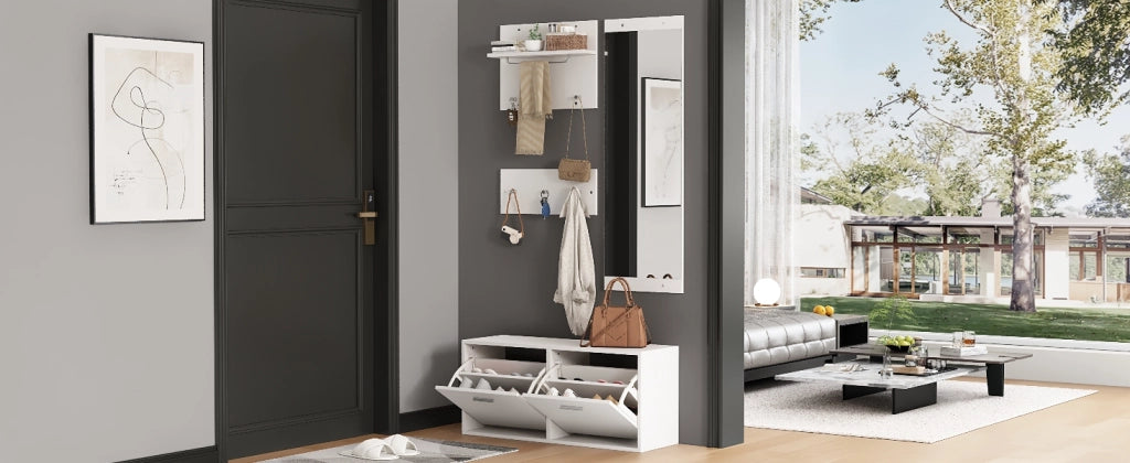 Set da ingresso 4 pezzi con 2 appendiabiti a parete; scarpiera e specchio; truciolato; bianco; 90x30x41;5 cm