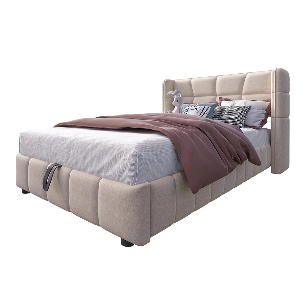 Letto imbottito per bambini - Xylo - 90x200 cm - Beige - Testiera e sistema di archiviazione pneumatico