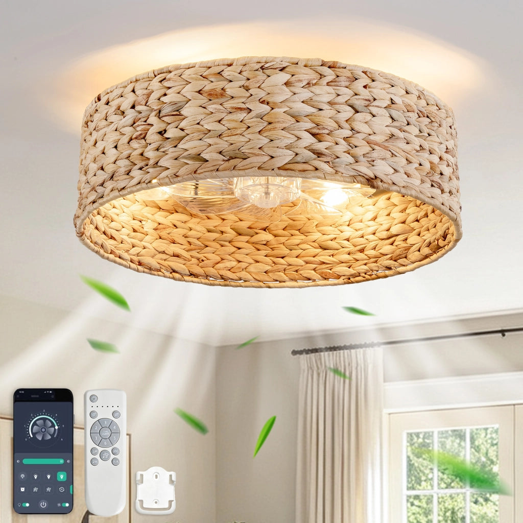 Ventilatore a incasso 19 pollici con luce, pale ABS effetto rattan, doppio controllo app e telecomando, 6 velocit¨¤ reversibili, moderno