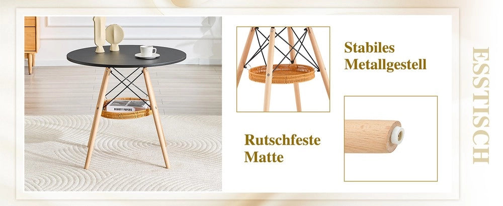 Tavolo da Pranzo Rotondo ¨C MINIMAL ¨C Piano MDF Nero, Gambe Massello, ?80 cm, 2-4 Persone