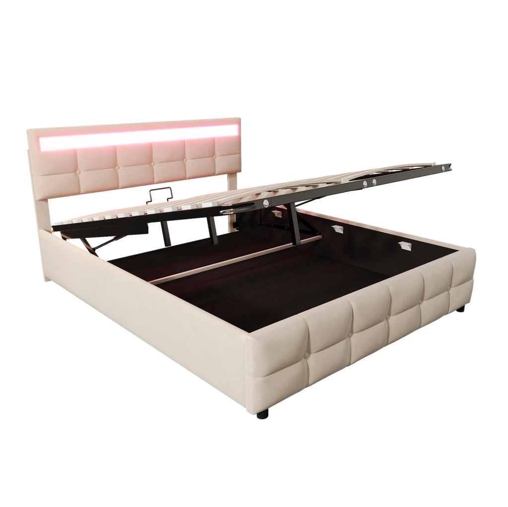 Letto imbottito 180x200 cm con LED; contenitore idraulico e rete a doghe; beige
