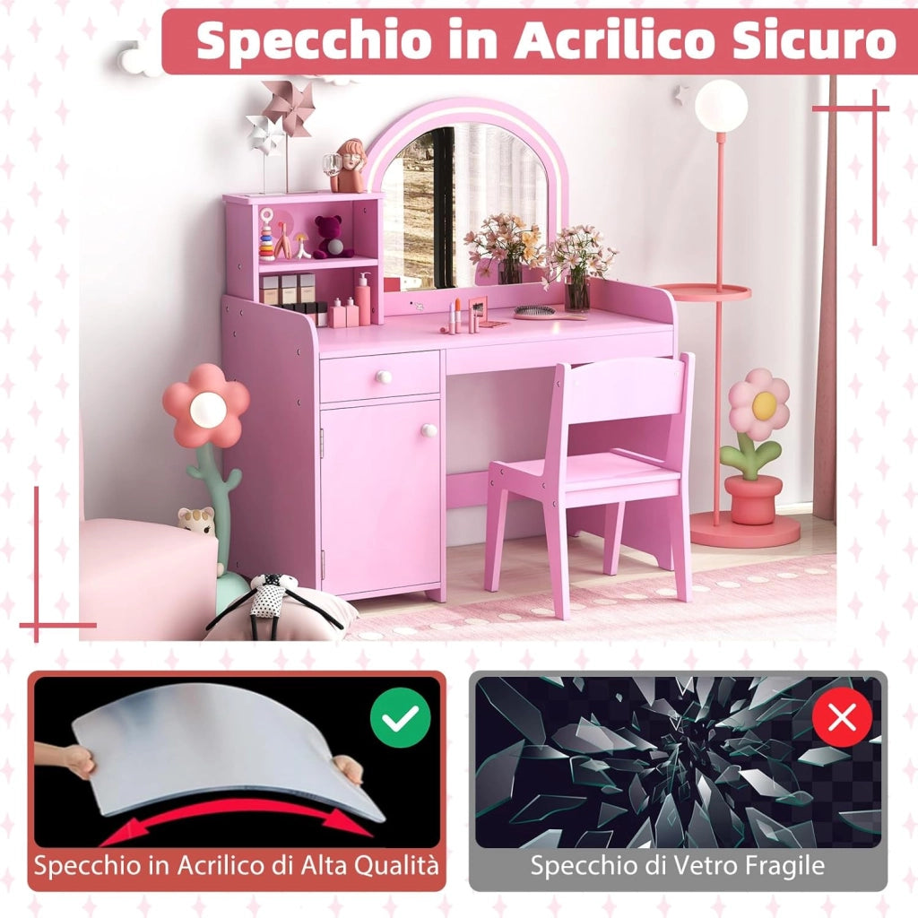 Toeletta Trucco 2 in 1 per Bambina, Specchiera per Ragazza in Legno con Mensole, Cassetto, Ripiani e Luci LED Regolabile, Postazione Trucco per 3 Anni, 80 x 40 x 94 cm (Rosa)