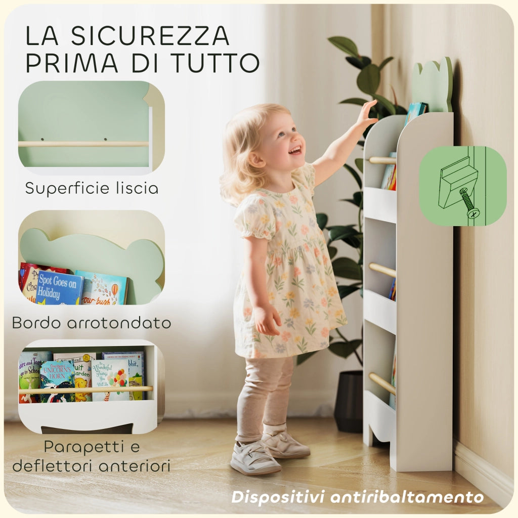 Libreria per Bambini con 3 Ripiani a Forma di Orsetto con Barriere Frontali, 55x15x110 cm, Verde