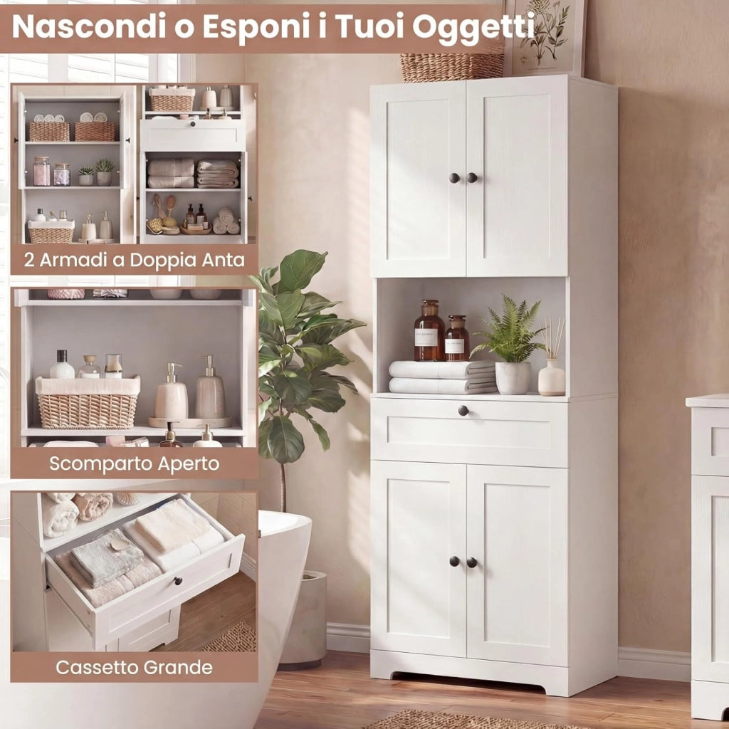 Mobile da Bagno Salvaspazio, Mobile da Terra con 4 Ante, 1 Cassetto, Vano Aperto e Ripiani Regolabili, Credenza Dispensa Cucina in Lgeno per Soggiorno e Ingresso, 60 x 35 x 171,5 cm (Bianco)