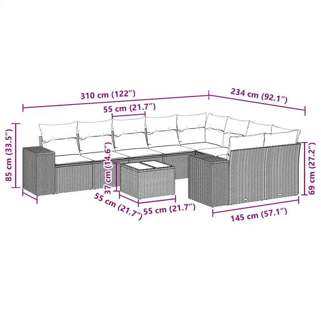 Set Divani da Giardino 10pz con Cuscini in Polyrattan Nero 3255383