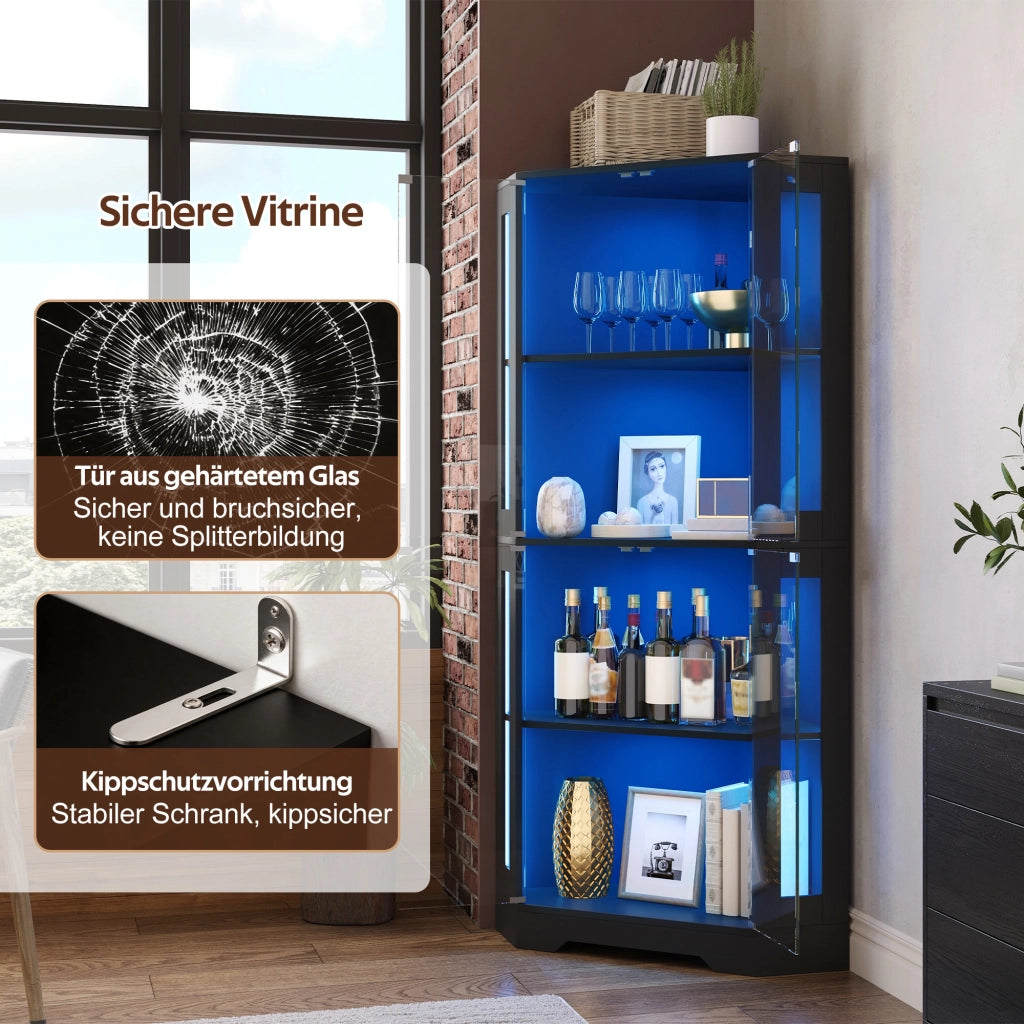 Credenza vetrina con LED, 4 ante in vetro temperato e 2 ripiani regolabili, per cucina e soggiorno, nero 40 × 40 × 165 cm