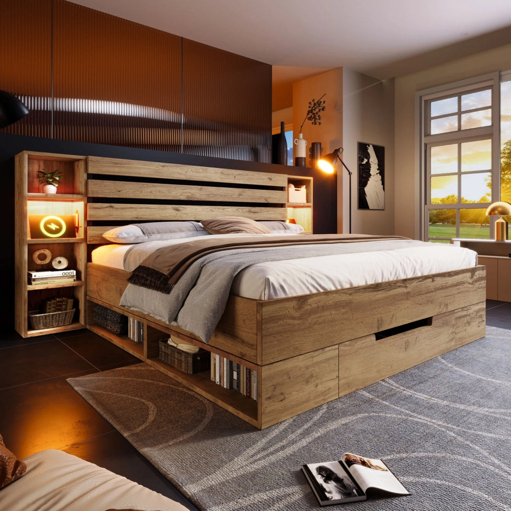 Letto matrimoniale con contenitore, luci LED e porte USB/Type-C, quercia, 160 x 200 cm