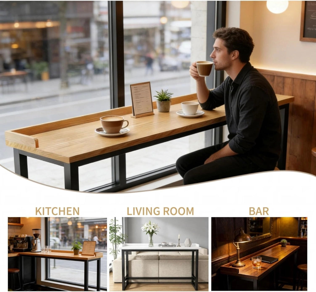 Tavolo Alto da Bar Tavolo Cucina Tavolino Alto e Stretto da Balcone Salvaspazio con Telaio in Metallo per Soggiorno e Sala Da Pranzo Bar Ristorante(Walnut(single),39.4x15.8x41in)