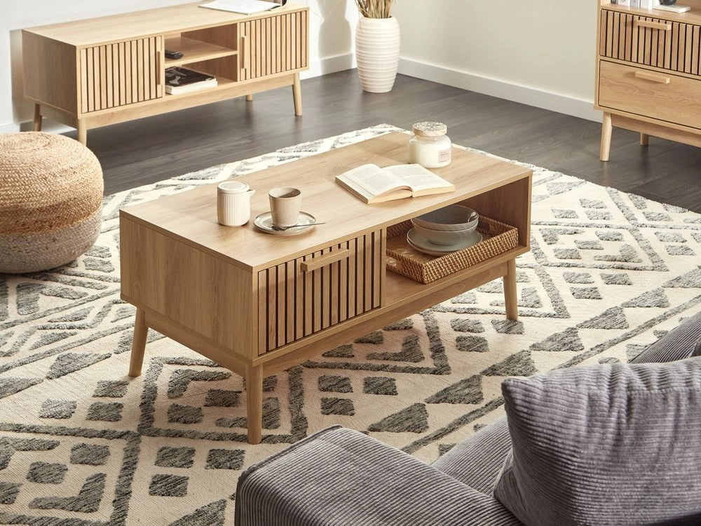 Tavolino da caffè in legno chiaro MDF gambe in legno stile scandinavo cassetto scaffale stoccaggio soggiorno