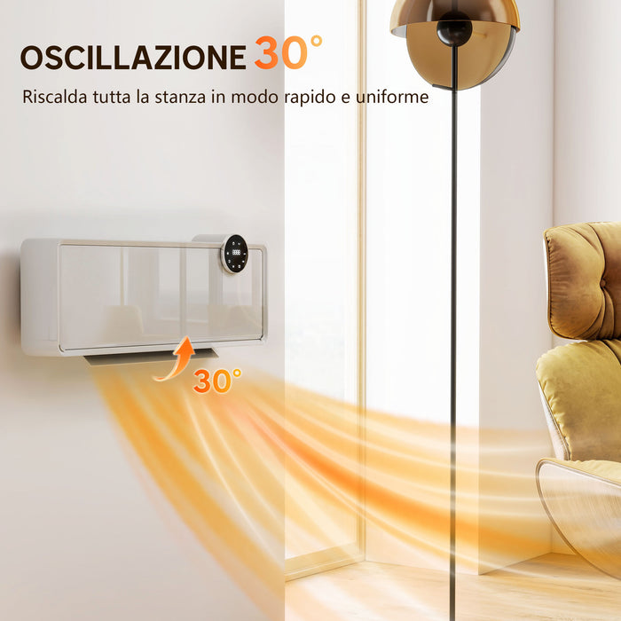 Stufa Elettrica Ceramica PTC 2000W a Parete con 3 Modalità Riscaldamento Regolabile Timer e Telecomando Bianco