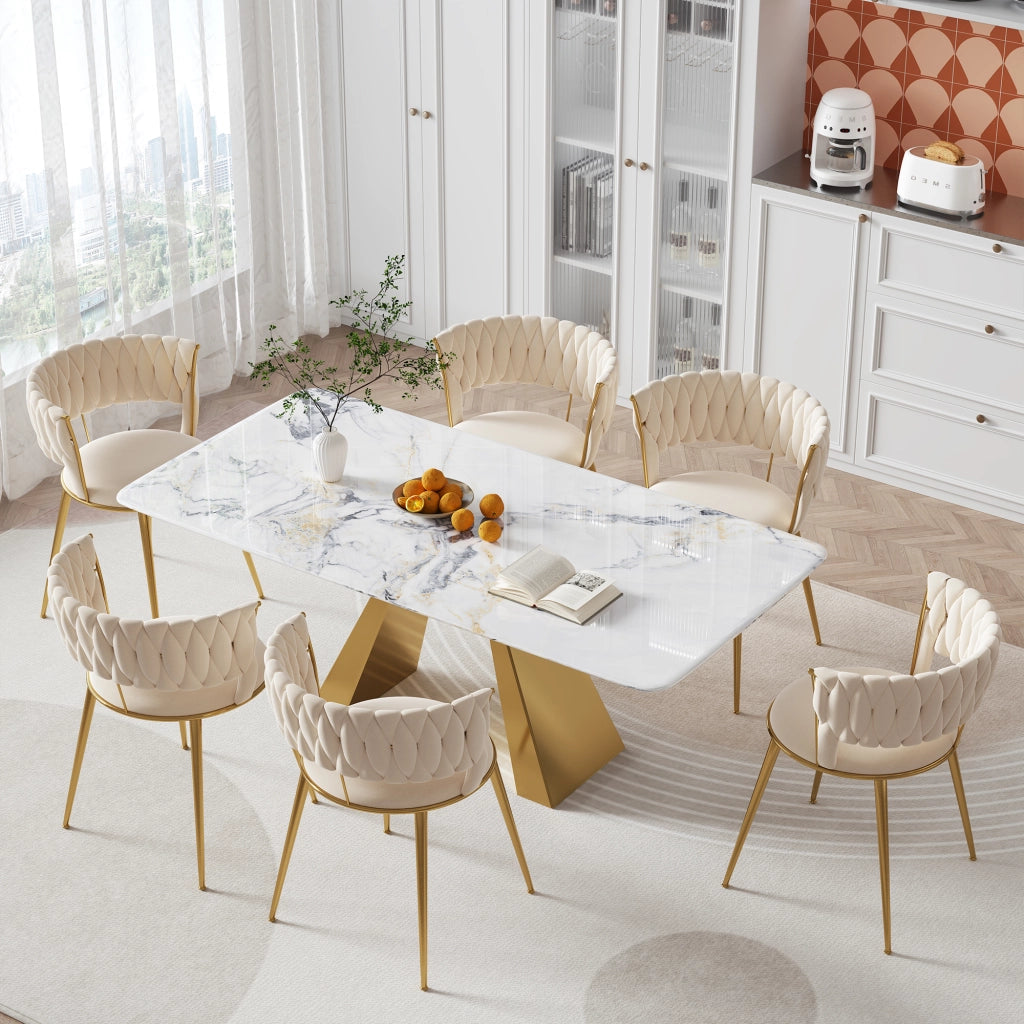 Set di 2 sedie da pranzo in velluto color avorio con schienale traforato e gambe in metallo