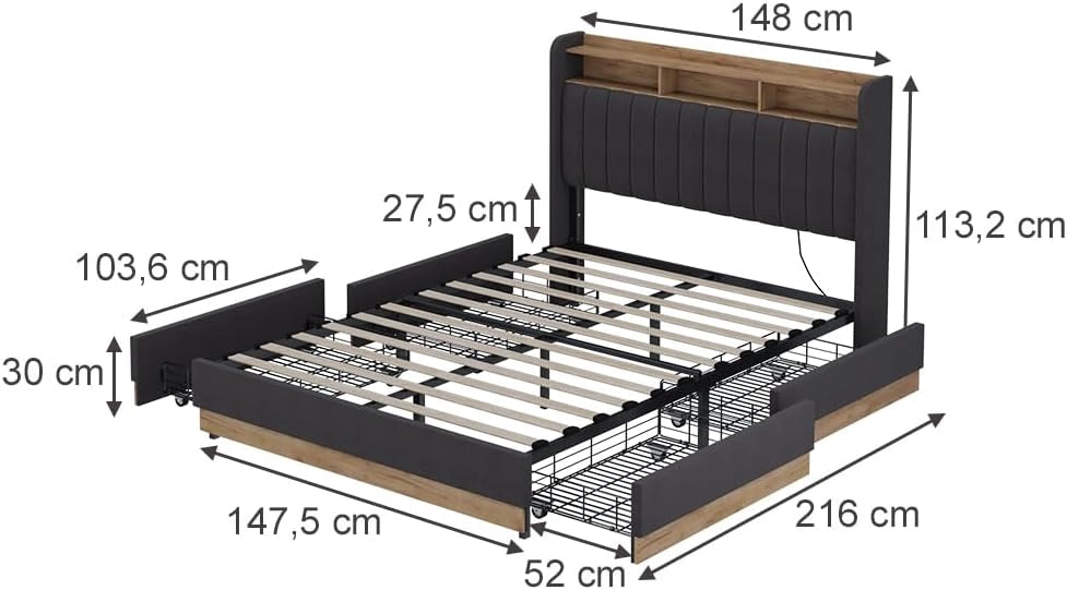 Letto imbottito Nura, Antracite/quercia, con 4 cassetticon porta di ricarica USB, illuminazione a LED e telecomando