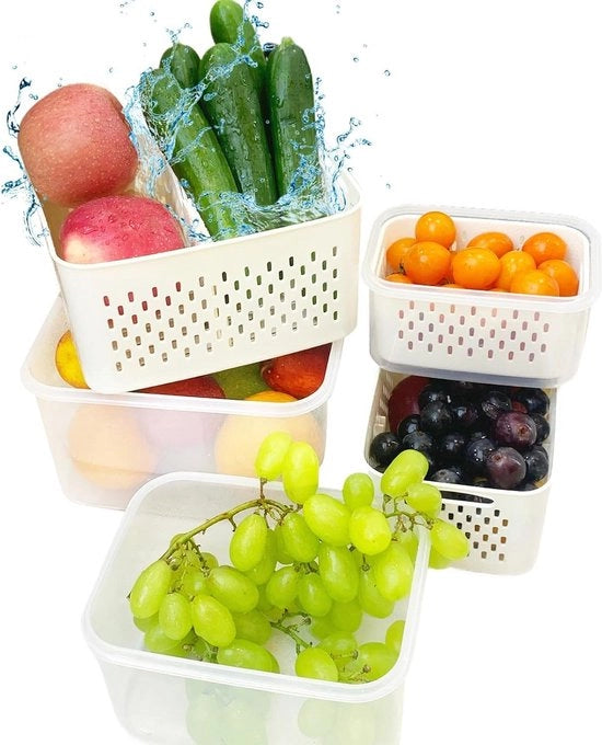 Scatole di Stoccaggio Fresche a 3 pezzi con Coperchi Senza BPA - Scatole per la Preparazione dei Pasti per Verdure e Frutta - Cestelli di Scolamento e Compartimenti Organizzatore di Cucina
